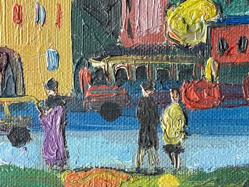 Vassily Kandinsky Style Houses Munich Sunset Oil Painting Signed Mid 20th Framed gallery