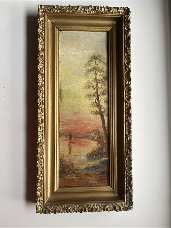 VINTAGE Ornate Gold Frame Painting Moody Landscape Tree Lake Sail Boat Filigree