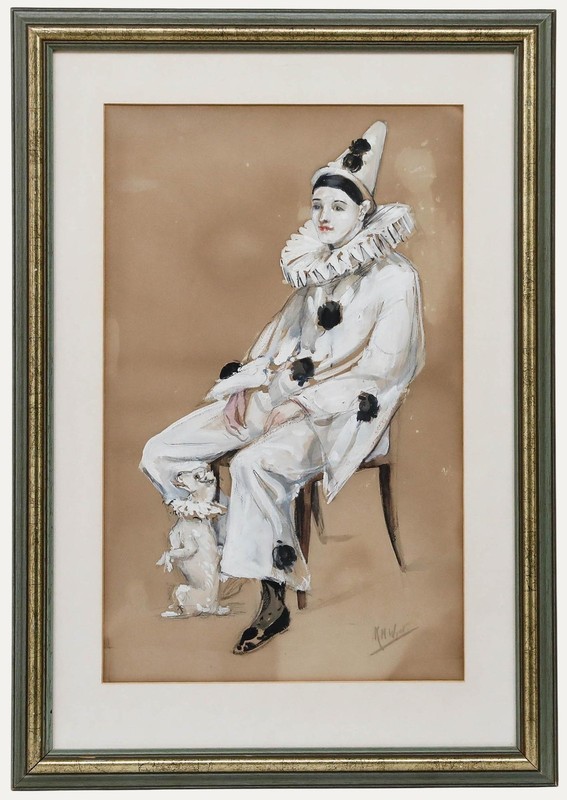 Katharine Montagu Wyatt – Framed 20th Century Gouache, Portrait of Pierrot