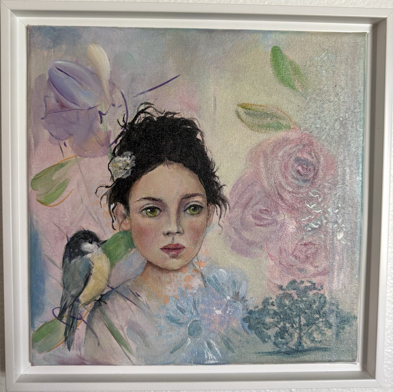 Realism Contemporary Art Painting, Bird, Flowers & Woman Portrait, Framed Canvas