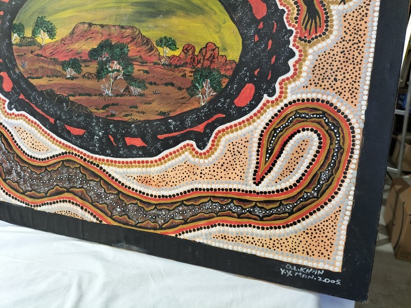 First Nation Aboriginal Art O.L. Khan 2005 Goannas Snake Landscape 100cm x 77cm gallery