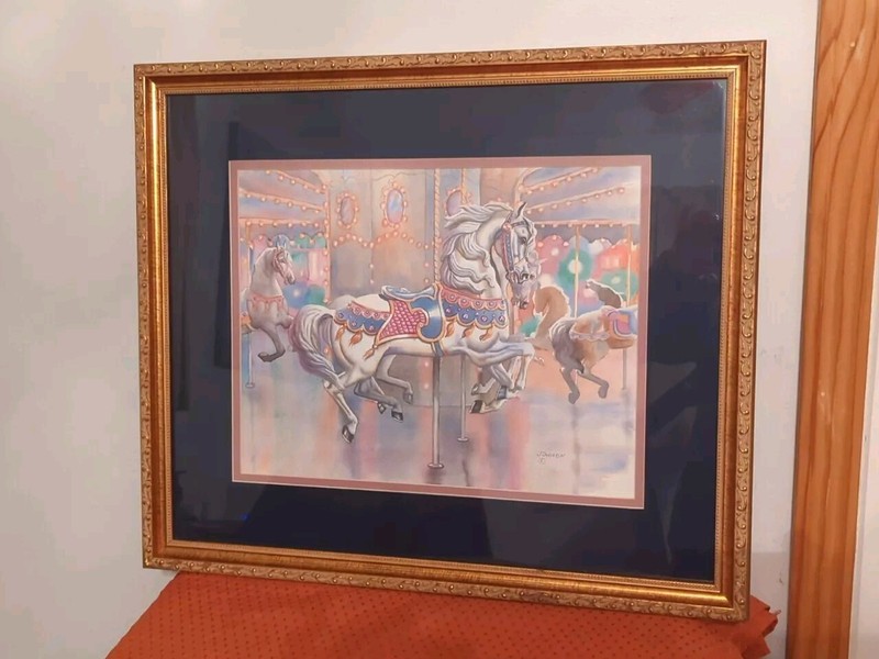 Carousel Water Color Painting By J. Gibson Gold Frame 23″ X 19.5″