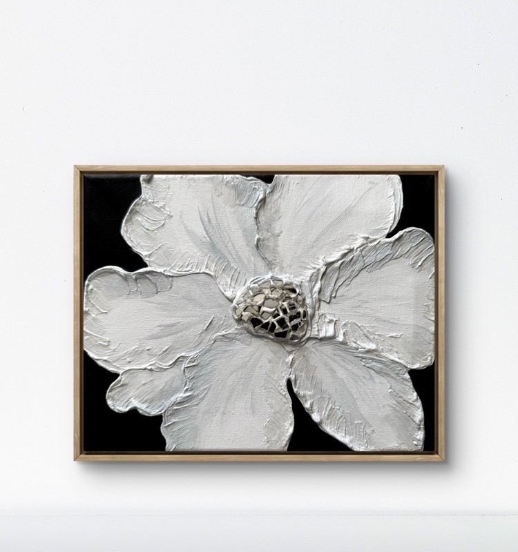 Original White Flower Painting 12x12 Mosaic Lily 3D Textured Abstract Art Wall
