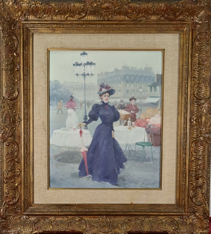 LADY WITH UMBRELLA. JOSE LUIS ARANA SAGASTA. OIL ON CANVAS. TWENTIETH CENTURY.