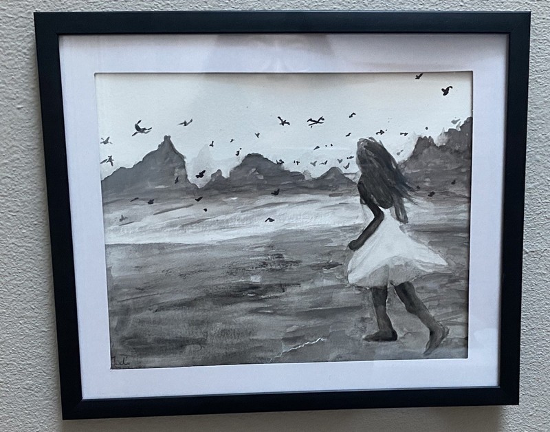 Original watercolor painting Monochrome landscape art painting 8 x 10 Beach Girl
