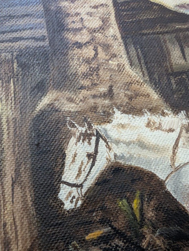 Original Western Oil Painting 22 X 26 Maxine & Jerry Horses Cabin Ranch Cowboy gallery