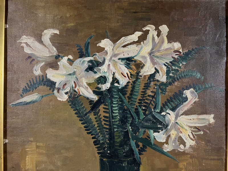 1933 Japanese Antique Lillies Floral Still Life Oil Painting Retro Art Decor gallery