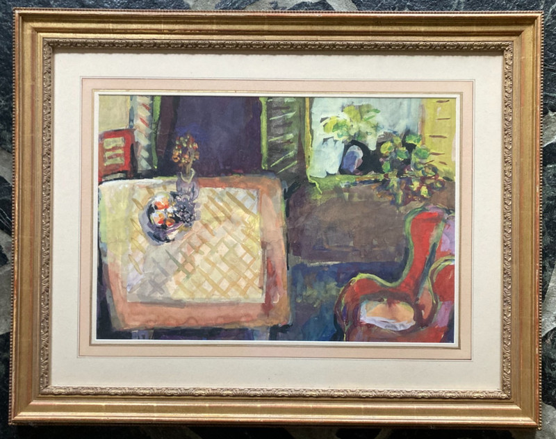 20th c. watercolor room interior painting, unsigned, museum glass