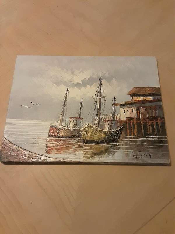 W. Jones Oil On Canvas Nautical Scene Sea Ocean Water Boats Nature Geography