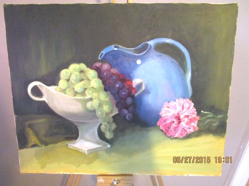 Mid-Century Still Life with Grapes and Carnation Oil Painting on Canvas 16 x 20