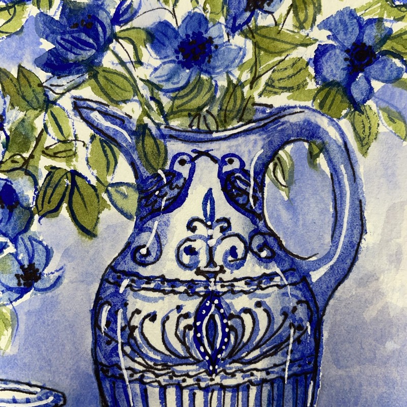 5x7 Pamela Wilhelm Original Ink & Watercolor Blue Delft Look Vase Cup Flowers gallery