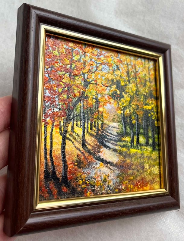 Autumn ORIGINAL ACRYLIC PAINTUNG Landscape Forest Framed Small Wall Art 4 x 4 in gallery