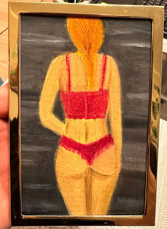 Oil Painting Portrait of a Woman in Red Lingerie Women Figurative Miniature Card