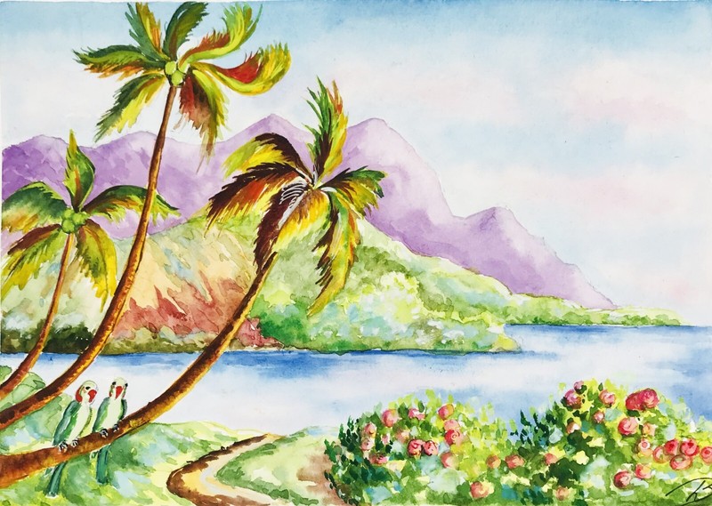 Watercolor Painting Original Hawaii Tropical Landscape Palms Beach Parrots Art