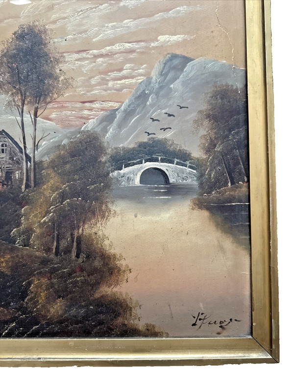 Vintage Signed Oil on Board Landscape 21x17 Framed Mountain Lake Cottage Art gallery