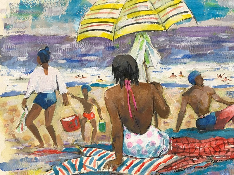 Black Family on Beach- New Jersey-Oil on Paper Painting-1960s-James Carlin gallery