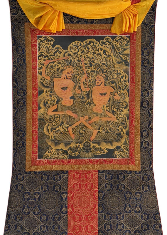 ORIGINAL HAND PAINTED CITIPATI/ DANCING HAPPY SKELETON TIBETAN THANGKA PAINTING gallery
