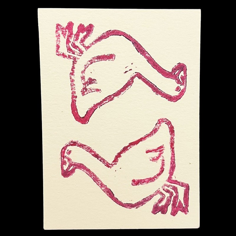 ACEO Original Goose Duck Bird Linocut Painting 3.5 x 2.5 in.