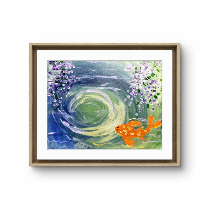 Koi Fish Pond with Wisteria Reflection Acrylic Painting 11x14 gallery