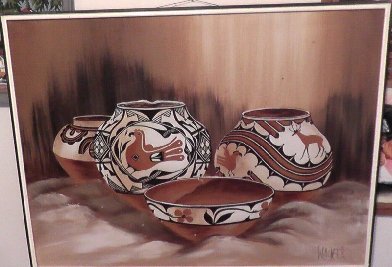 J. Walker Painting 41×31 Inch Canvas Mid Century Pottery Southwest Native Mexico