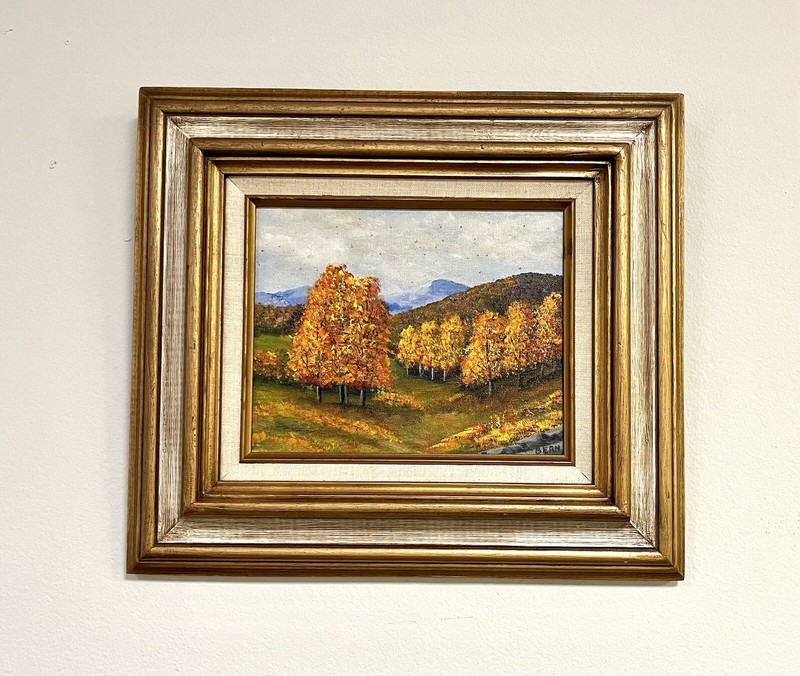 Vintage Euro? Autumn Mountain Forest Gold/Orange/Red SIGNED M Bernasconi FRAMED