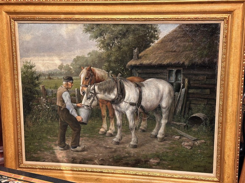 Oilpainting Horses and farmer signed and dated Dirk Meesters ’43 Dutch farmhouse