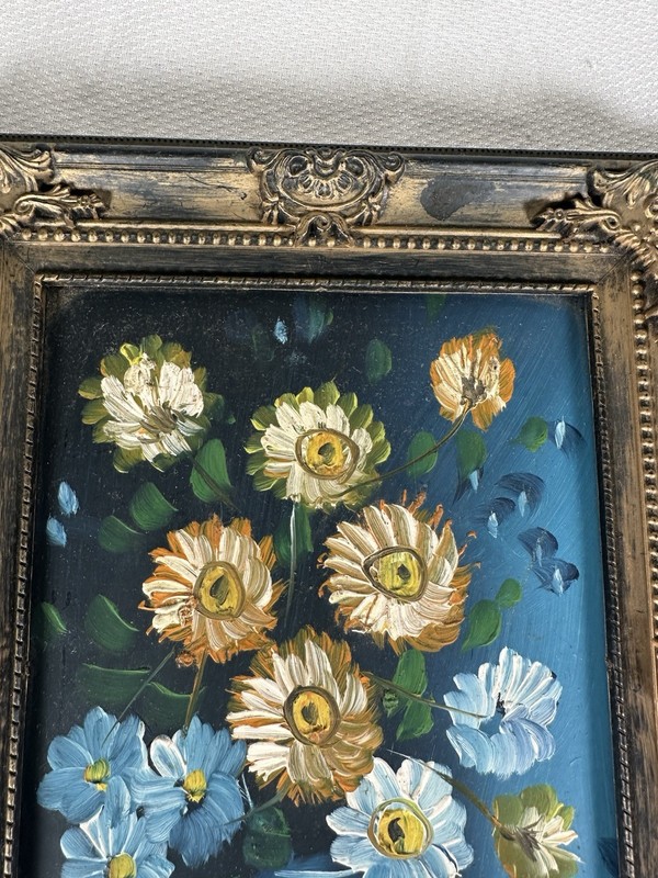 Vintage Still Life Flower Daisies Vase Oil Painting Blue Orange Ornate Frame gallery