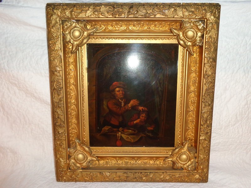 Early 19th.c European Oil/Tin Painting of a Man Pulling a Child’s Tooth, Antique