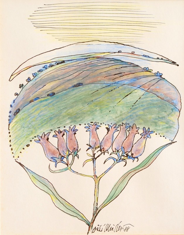 Rosehip Bush – Original Watercolor, Ink & Pastel by Jiří Muller (1988)