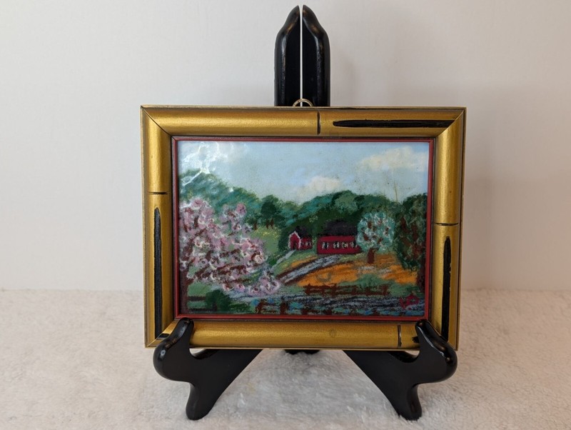 Vintage «New England Spring Scene» Wood Framed Tile Painting By Vera Perles 1969