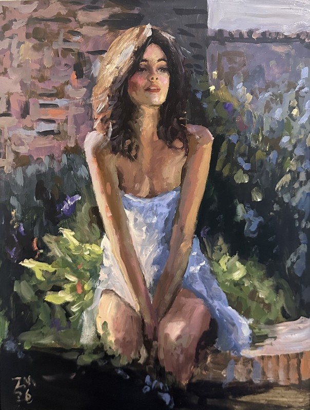 Original Oil Painting – Impressionist Woman in Garden on Panel
