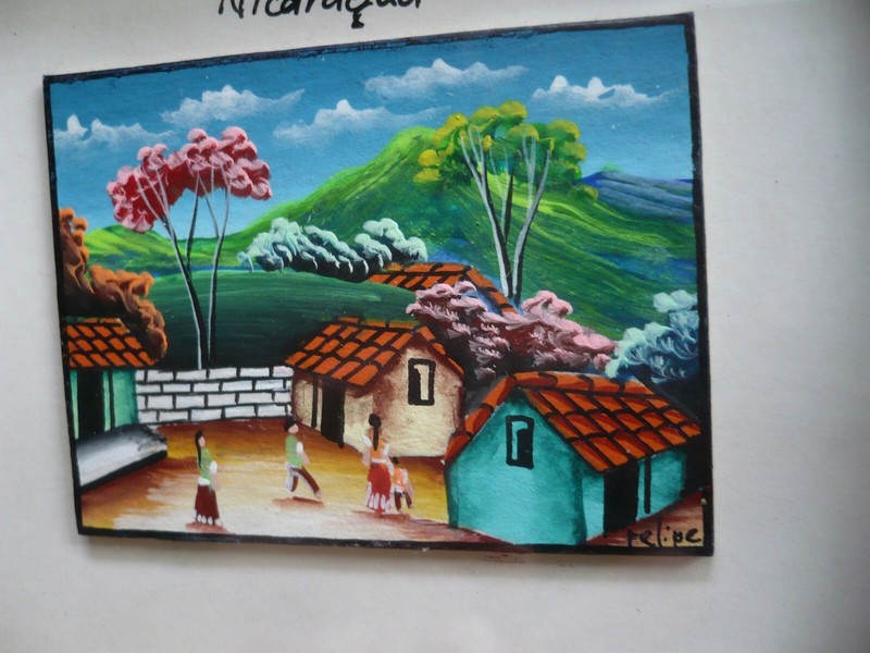 FINE VINTAGE FOLK ART NICARAGUA VILLAGE SCENE MINIATURE OIL COLORFUL LATIN ART gallery