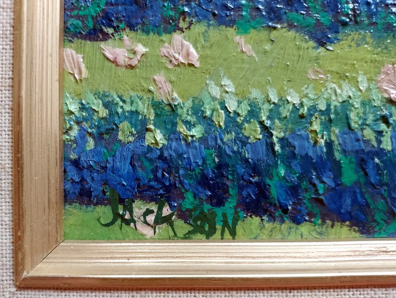 TEXAS BLUEBONNETS WITH PRIMROSES Oil Painting,signed. 8X10 in. Framed: 14X12 in. gallery