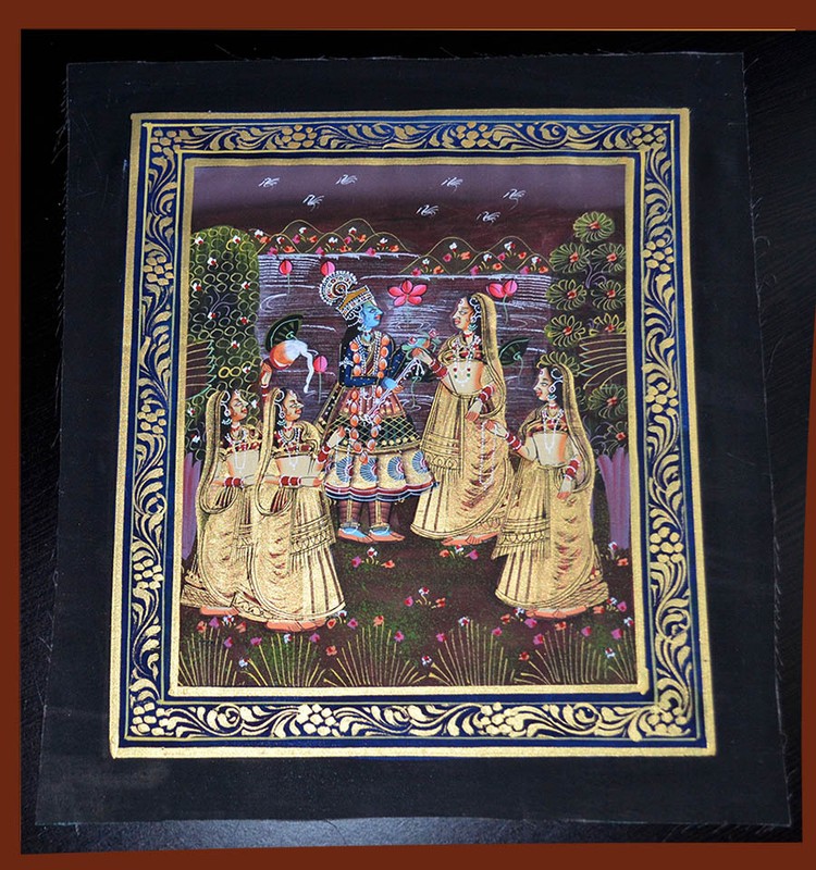Original Radha Krishna Miniature Indian painting on silk cloth natural colors
