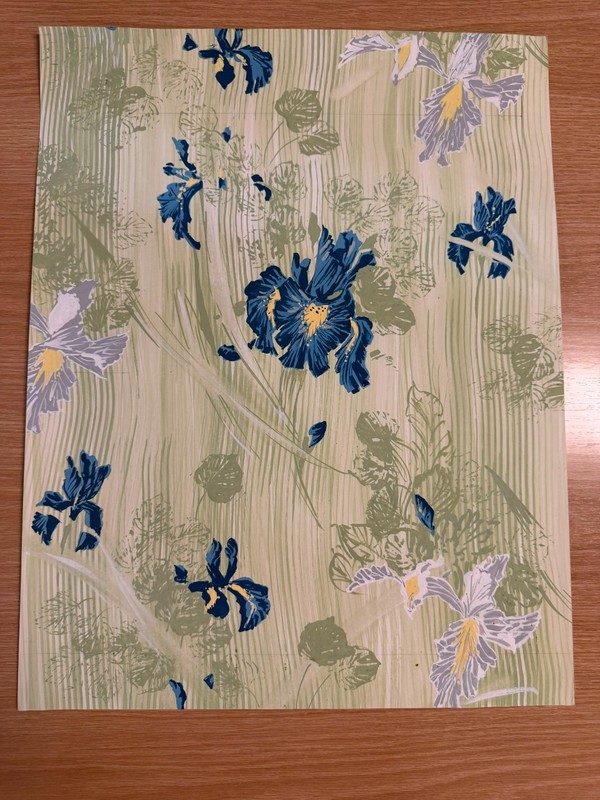 Original Gouache Textile Design Blue Iris Floral on Sage Streaked Ground
