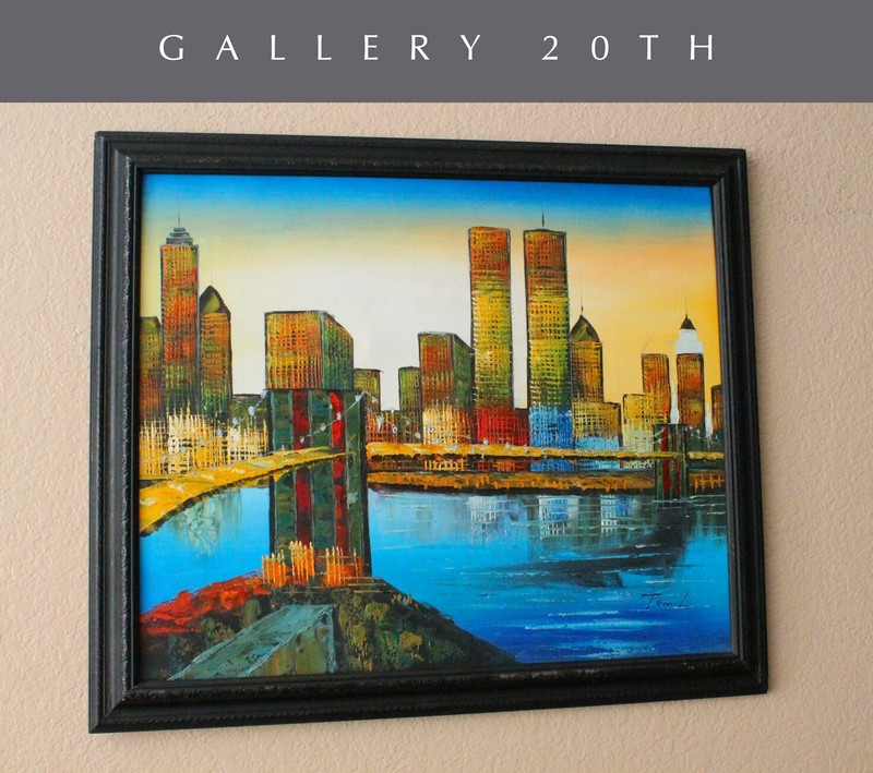 VIBRANT! VTG NEW YORK CITYSCAPE ORIG OIL PAINTING! MID CENTURY ART TWIN TOWERS