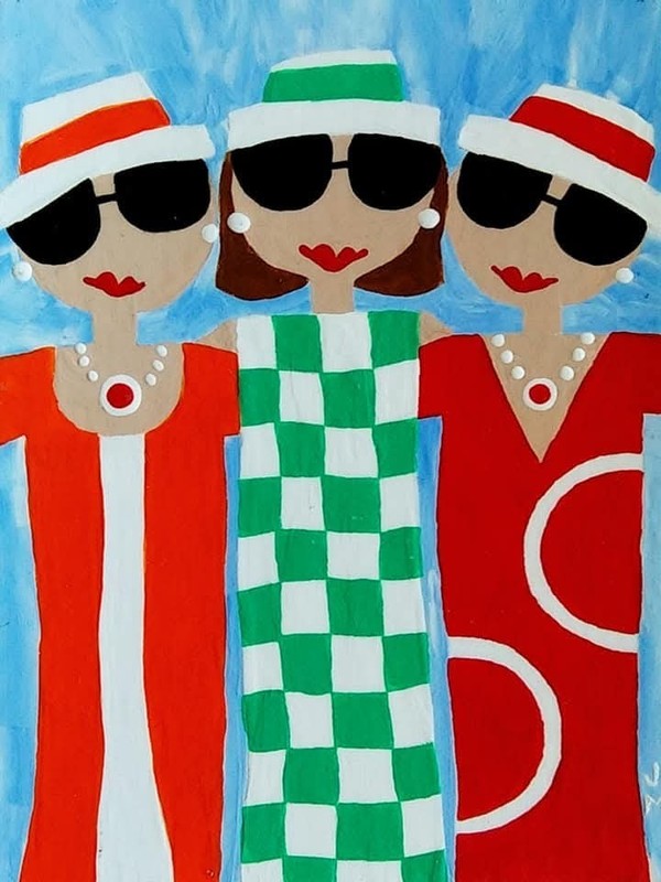 New! ACEO size painting original signed whimsical folk art «Sisters»