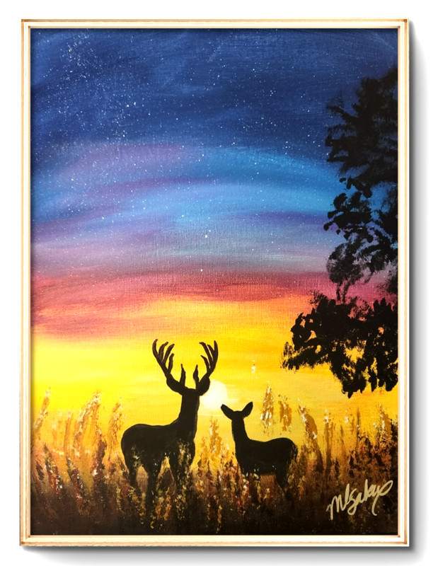 Deer Sunset Painting 12x16 Original Wildlife Silhouette Art by M Isaksen gallery
