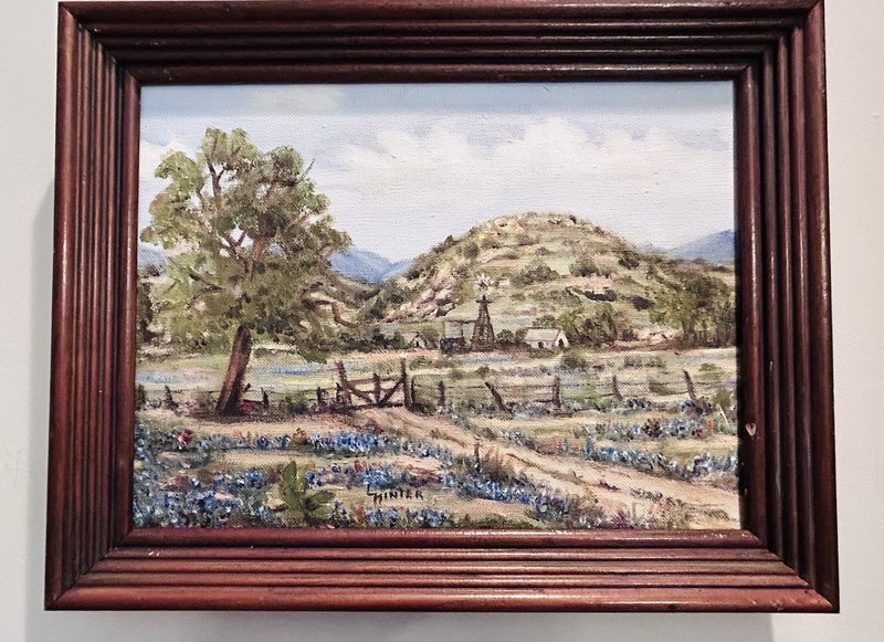 Original Signed Landscape Painting Texas Hill Country Windmill & Bluebonnets 14”