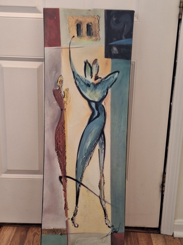 SIGNED ALFRED GOCKEL ACRYLIC ON CANVAS ABSTRACT FIGURE FRAMED 13 3/4 X 39 INCHES