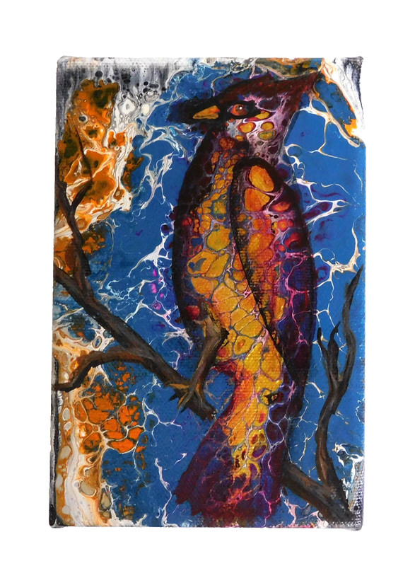 Abstract Contemporary Pour Painting Cardinal Bird Original Metallic Paint Gold