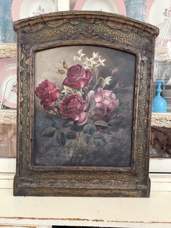 Antique 1930S Rose Oil Painting On Canvas Board Still Life