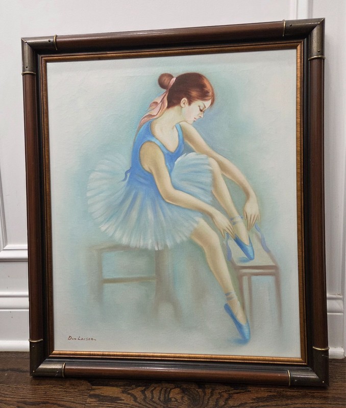 Ballet Dancer Original Framed 1980s Ballerina Oil Painting by Artist Don Larson