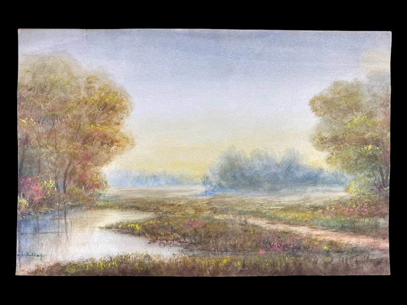 Illegibly Signed Impressionist Watercolor Painting Landscape River Autumn Scene