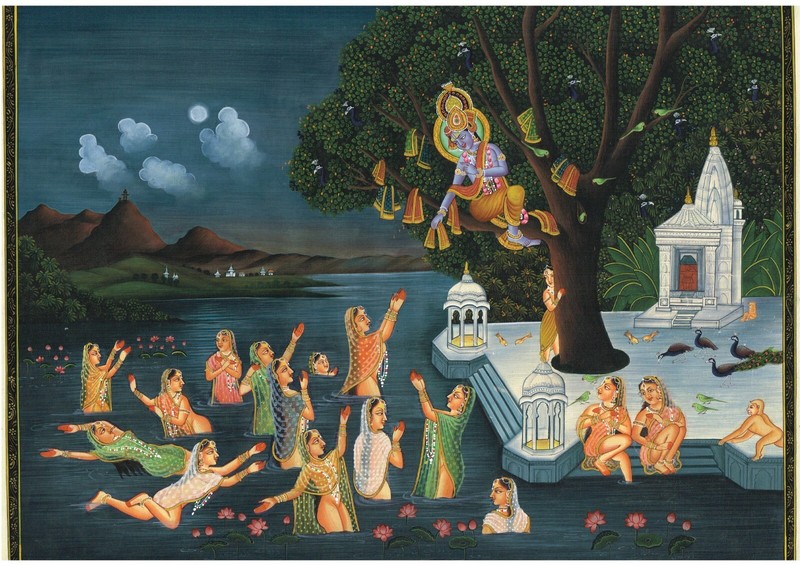 Krishna Raas Leela Painting Of Gopi Vastra Haran Art On Silk Cloth 17×13.5 Inch