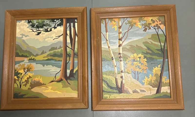 Vintage MCM PAINT BY NUMBER LANDSCAPE STREAMS BIRCH TREE FRAMED ART 1960’s SET
