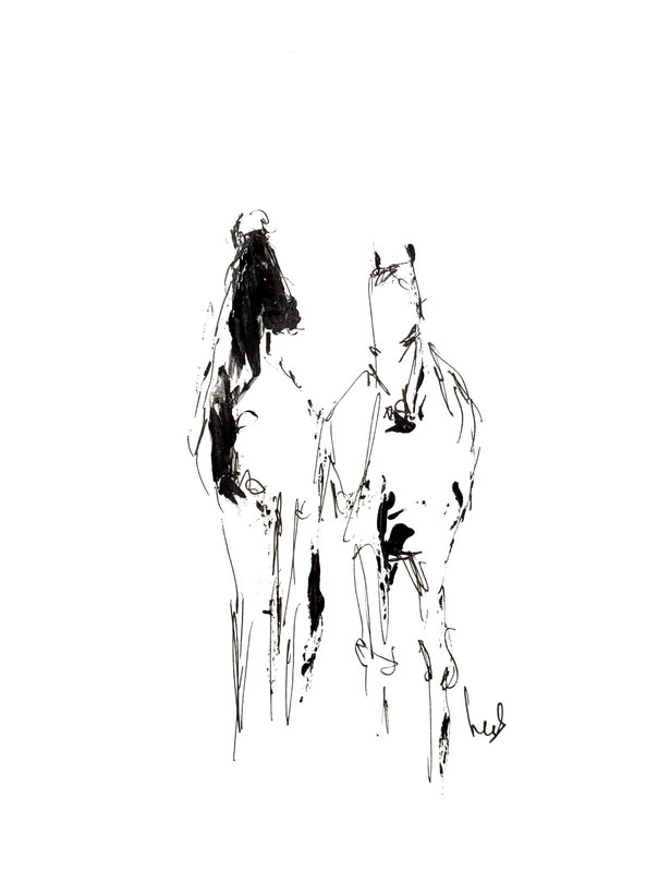 Original Minimalist 9x12 Ink Drawing Horses Art Wall Den Decor Signed 18 gallery