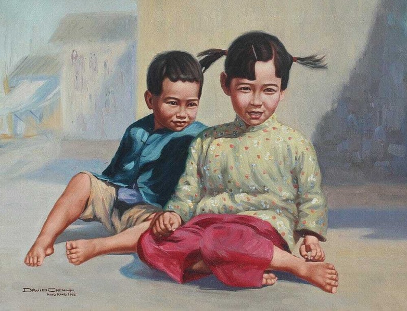 WONDERFUL 1966 DAVID CHENG PORTRAIT PAINTING OF CHINESE CHILDREN