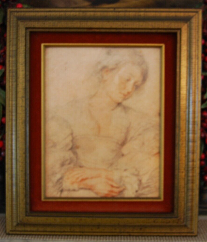 VTG FRAMED PETER PAUL RUBENS «YOUNG WOMAN WITH FOLDED HANDS» DRAWING ART PRINT