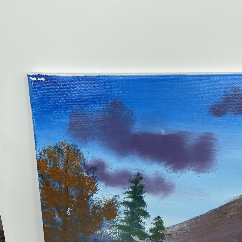Oil on Canvas Painting Signed Student Art 16 x 20 Mountains Behind Wooded Lake gallery